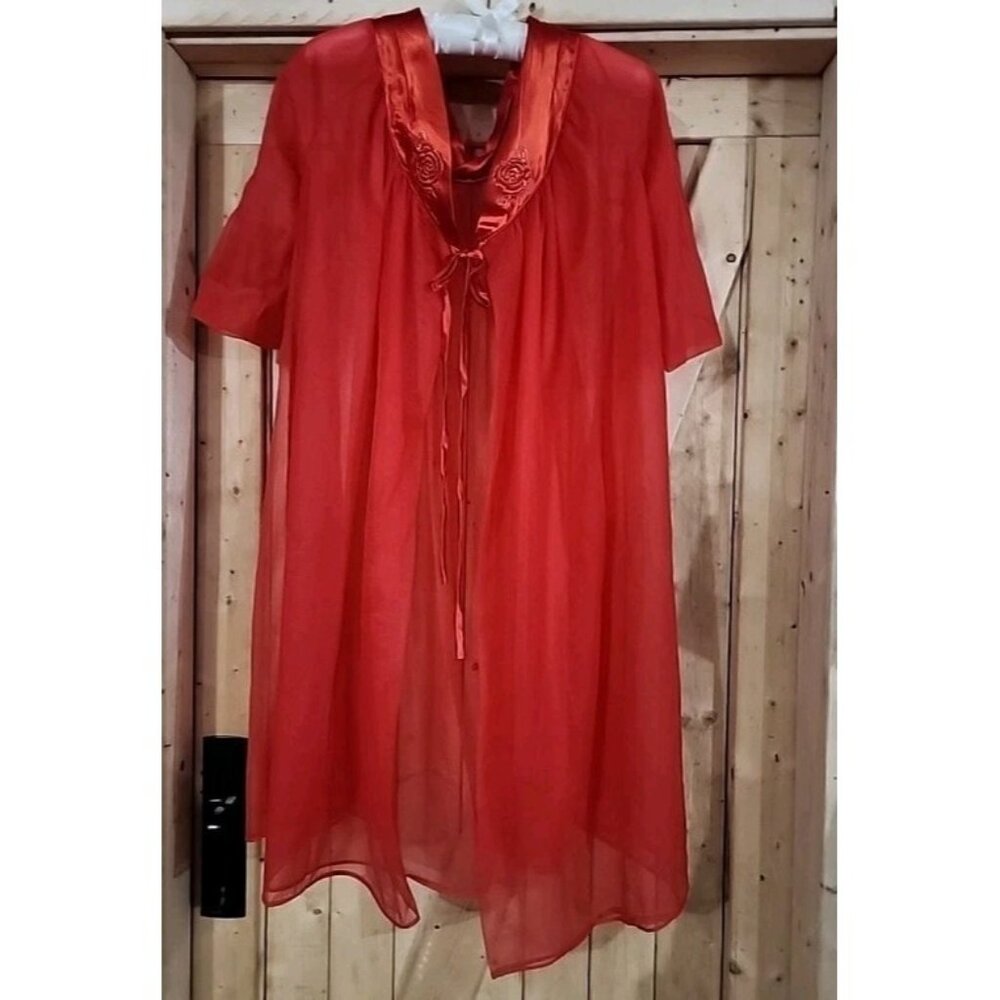 1960s Nylon Red Sheer Peignoir‎ Mini Robe Shortsleeve Valentines Day